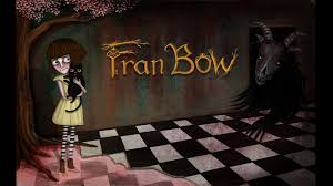 Main character Fran Bow holds a black cat and faces a demon at the end of the dark checkered hallway