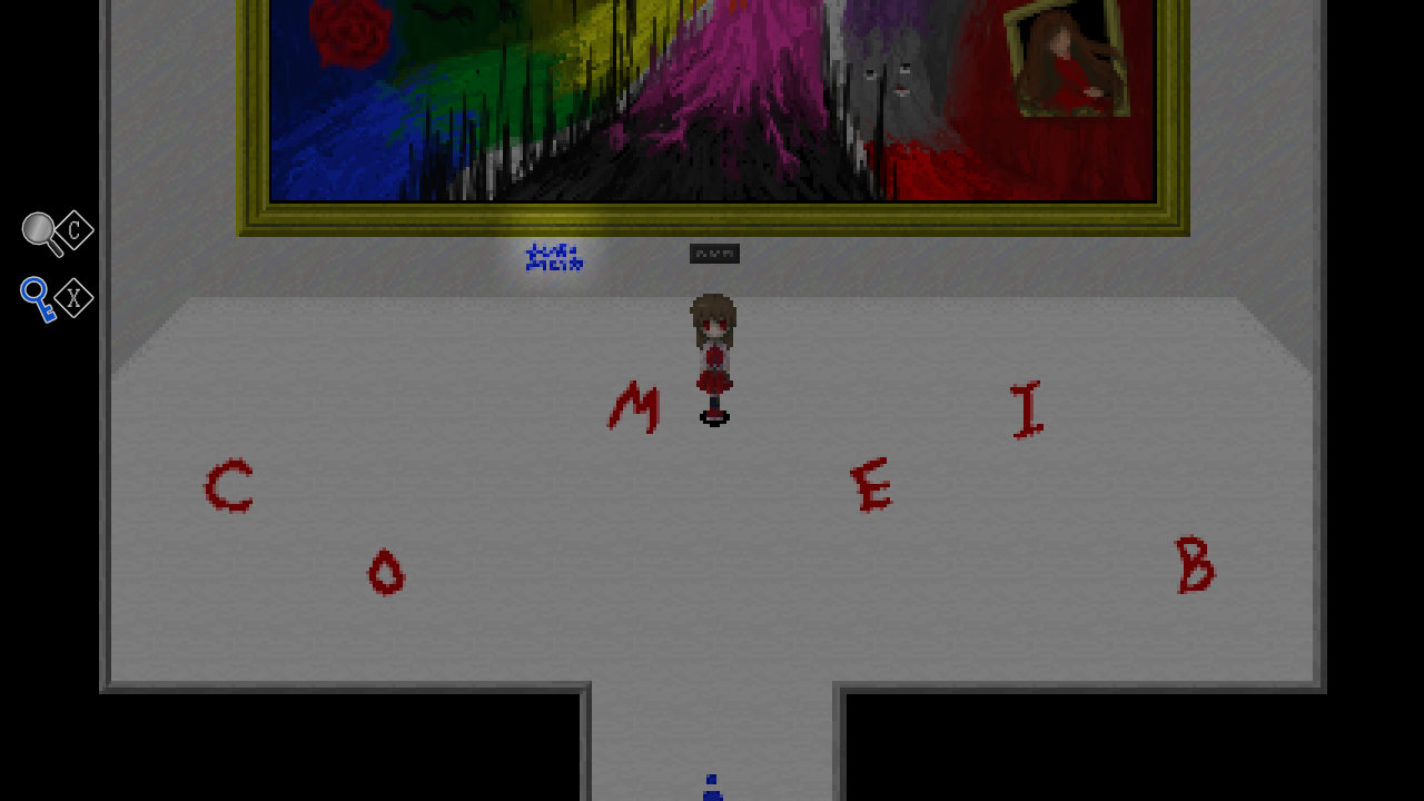 Main character Ib stands in front of a painting. On the floor in front of her red words spell COME IB